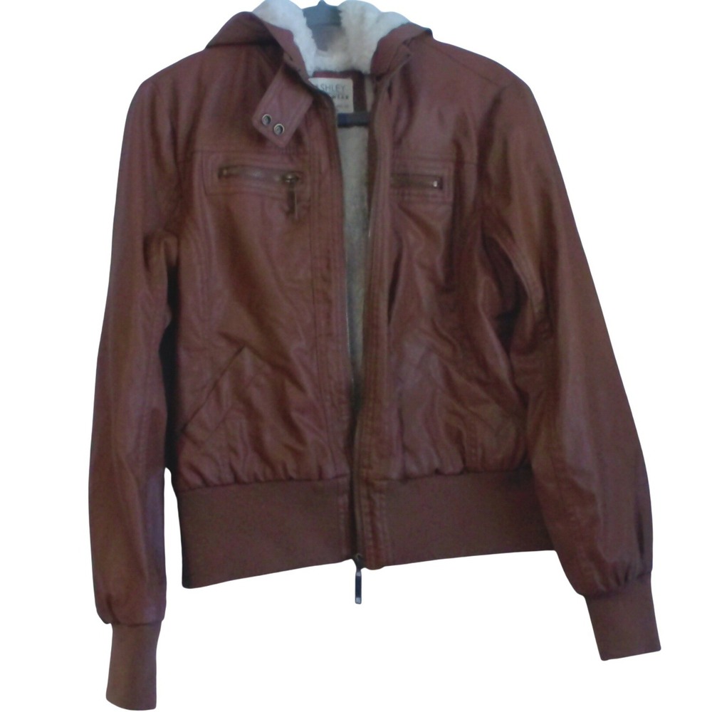Ashley by 26 International Faux Leather SherpaLinedHooded Bomber Jacket Brown XL